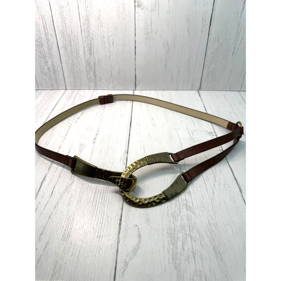 Chico's Hammered Brass Brown Leather Adjustable Belt Artsy Boho Small Medium - Picture 1 of 14